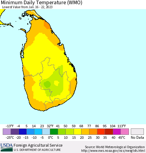 Sri Lanka Minimum Daily Temperature (WMO) Thematic Map For 1/16/2023 - 1/22/2023