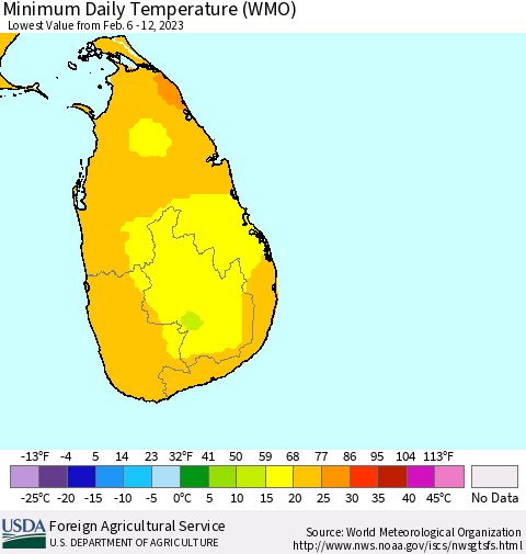 Sri Lanka Minimum Daily Temperature (WMO) Thematic Map For 2/6/2023 - 2/12/2023