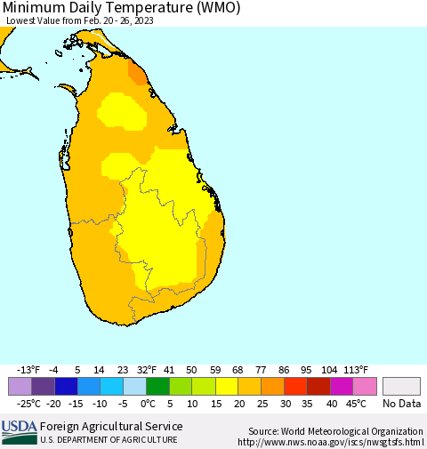 Sri Lanka Minimum Daily Temperature (WMO) Thematic Map For 2/20/2023 - 2/26/2023