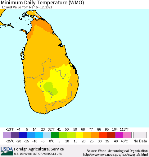 Sri Lanka Minimum Daily Temperature (WMO) Thematic Map For 3/6/2023 - 3/12/2023