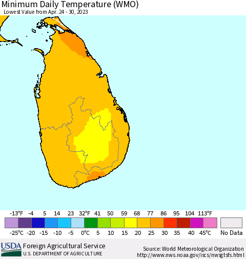 Sri Lanka Minimum Daily Temperature (WMO) Thematic Map For 4/24/2023 - 4/30/2023