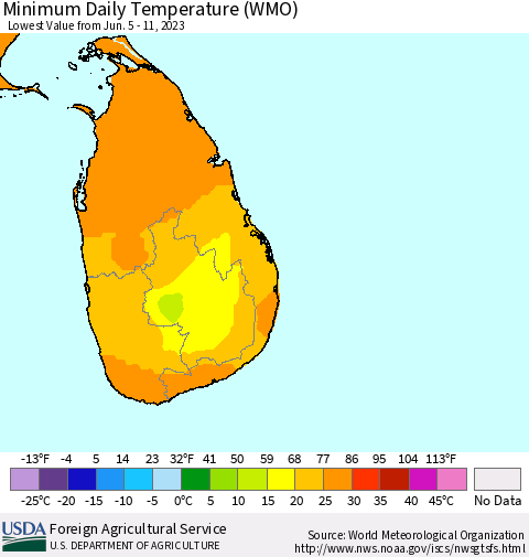 Sri Lanka Minimum Daily Temperature (WMO) Thematic Map For 6/5/2023 - 6/11/2023