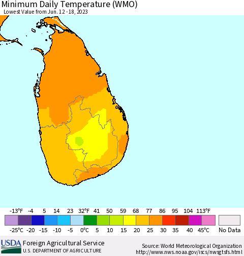Sri Lanka Minimum Daily Temperature (WMO) Thematic Map For 6/12/2023 - 6/18/2023