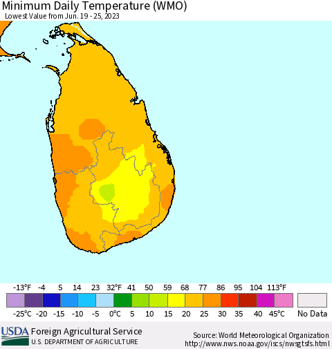 Sri Lanka Minimum Daily Temperature (WMO) Thematic Map For 6/19/2023 - 6/25/2023
