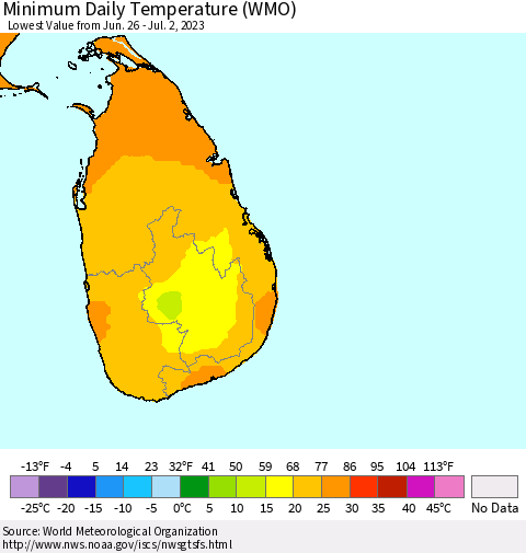 Sri Lanka Minimum Daily Temperature (WMO) Thematic Map For 6/26/2023 - 7/2/2023
