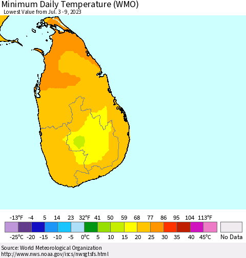 Sri Lanka Minimum Daily Temperature (WMO) Thematic Map For 7/3/2023 - 7/9/2023
