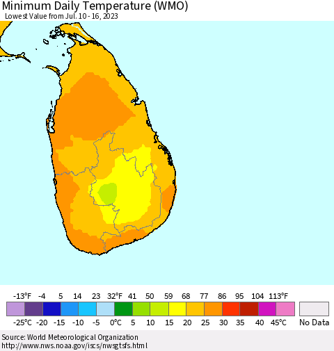 Sri Lanka Minimum Daily Temperature (WMO) Thematic Map For 7/10/2023 - 7/16/2023