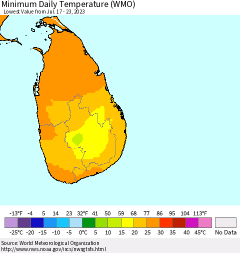 Sri Lanka Minimum Daily Temperature (WMO) Thematic Map For 7/17/2023 - 7/23/2023
