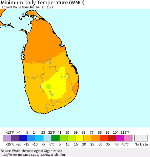Sri Lanka Minimum Daily Temperature (WMO) Thematic Map For 7/24/2023 - 7/30/2023