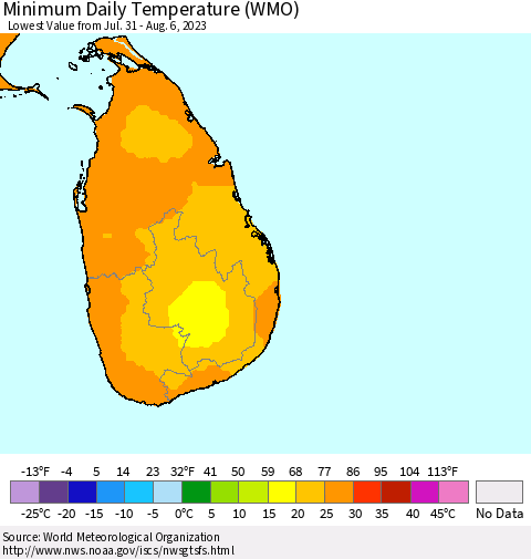 Sri Lanka Minimum Daily Temperature (WMO) Thematic Map For 7/31/2023 - 8/6/2023
