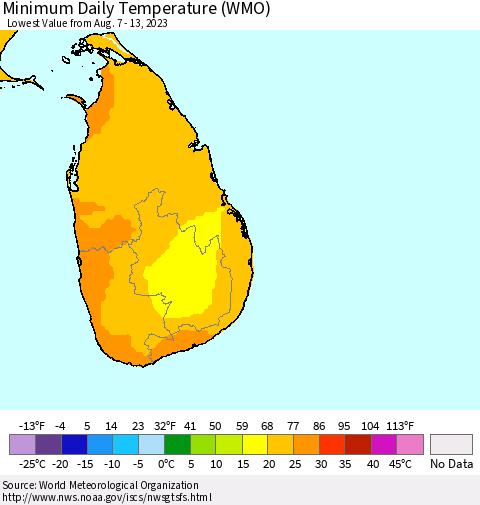 Sri Lanka Minimum Daily Temperature (WMO) Thematic Map For 8/7/2023 - 8/13/2023