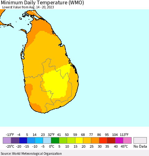 Sri Lanka Minimum Daily Temperature (WMO) Thematic Map For 8/14/2023 - 8/20/2023