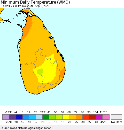 Sri Lanka Minimum Daily Temperature (WMO) Thematic Map For 8/28/2023 - 9/3/2023