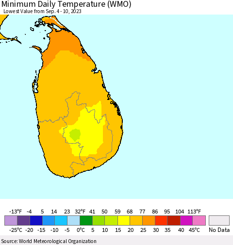 Sri Lanka Minimum Daily Temperature (WMO) Thematic Map For 9/4/2023 - 9/10/2023