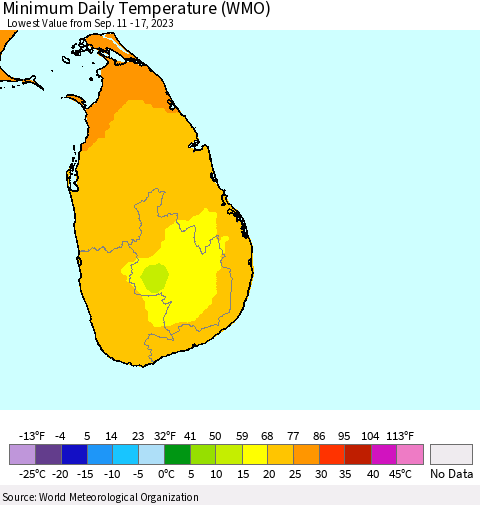 Sri Lanka Minimum Daily Temperature (WMO) Thematic Map For 9/11/2023 - 9/17/2023