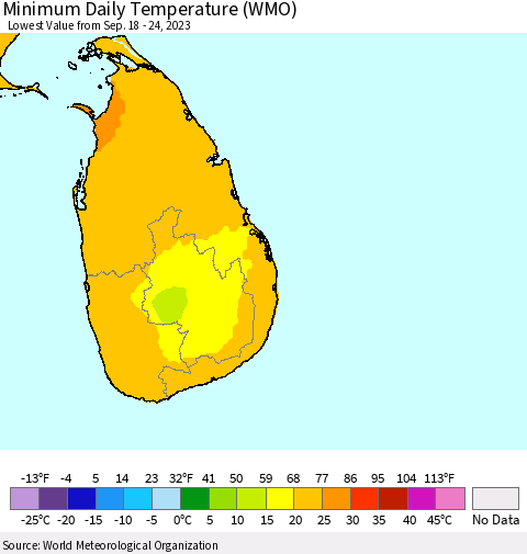 Sri Lanka Minimum Daily Temperature (WMO) Thematic Map For 9/18/2023 - 9/24/2023