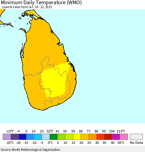 Sri Lanka Minimum Daily Temperature (WMO) Thematic Map For 10/16/2023 - 10/22/2023