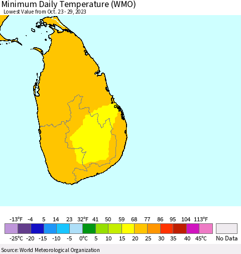 Sri Lanka Minimum Daily Temperature (WMO) Thematic Map For 10/23/2023 - 10/29/2023