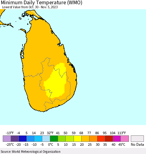 Sri Lanka Minimum Daily Temperature (WMO) Thematic Map For 10/30/2023 - 11/5/2023