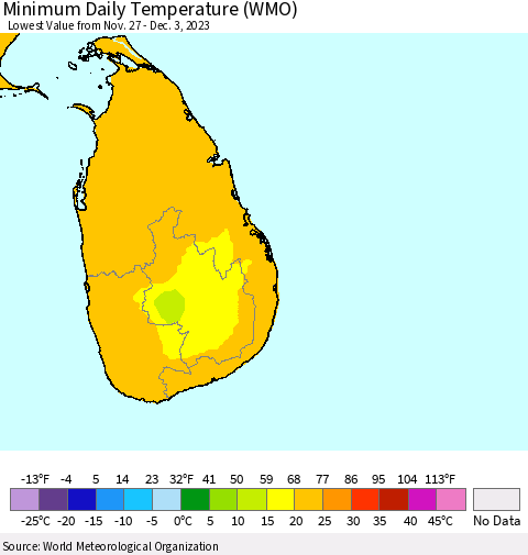 Sri Lanka Minimum Daily Temperature (WMO) Thematic Map For 11/27/2023 - 12/3/2023