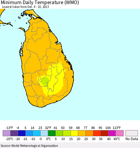 Sri Lanka Minimum Daily Temperature (WMO) Thematic Map For 12/4/2023 - 12/10/2023