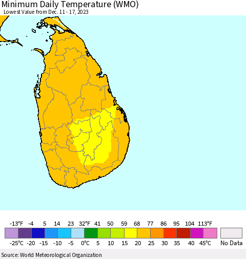 Sri Lanka Minimum Daily Temperature (WMO) Thematic Map For 12/11/2023 - 12/17/2023