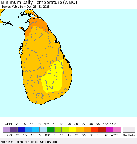 Sri Lanka Minimum Daily Temperature (WMO) Thematic Map For 12/25/2023 - 12/31/2023
