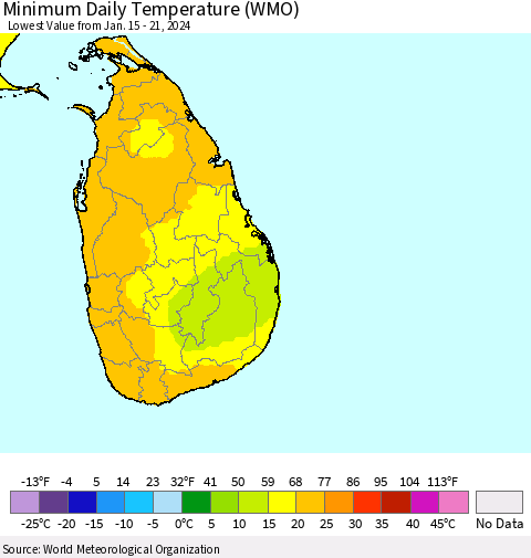 Sri Lanka Minimum Daily Temperature (WMO) Thematic Map For 1/15/2024 - 1/21/2024