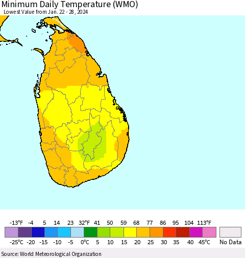 Sri Lanka Minimum Daily Temperature (WMO) Thematic Map For 1/22/2024 - 1/28/2024