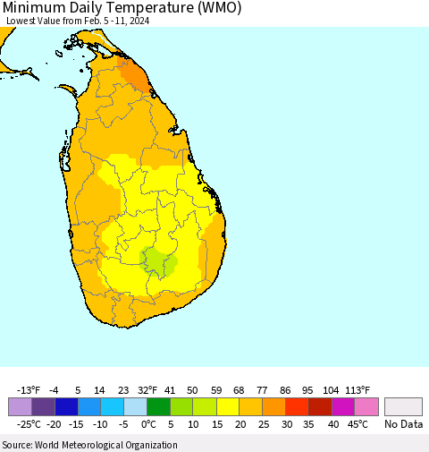 Sri Lanka Minimum Daily Temperature (WMO) Thematic Map For 2/5/2024 - 2/11/2024