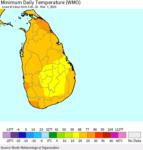 Sri Lanka Minimum Daily Temperature (WMO) Thematic Map For 2/26/2024 - 3/3/2024