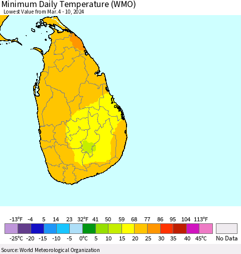 Sri Lanka Minimum Daily Temperature (WMO) Thematic Map For 3/4/2024 - 3/10/2024