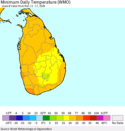 Sri Lanka Minimum Daily Temperature (WMO) Thematic Map For 3/11/2024 - 3/17/2024