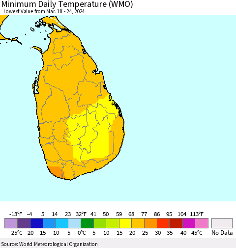 Sri Lanka Minimum Daily Temperature (WMO) Thematic Map For 3/18/2024 - 3/24/2024