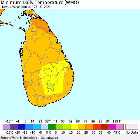 Sri Lanka Minimum Daily Temperature (WMO) Thematic Map For 3/25/2024 - 3/31/2024