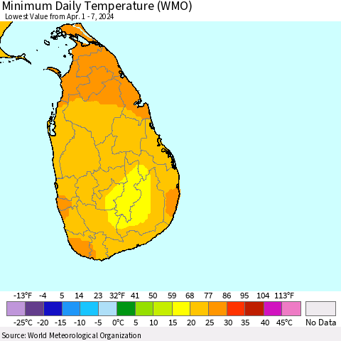 Sri Lanka Minimum Daily Temperature (WMO) Thematic Map For 4/1/2024 - 4/7/2024