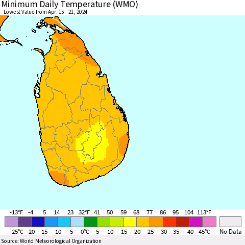 Sri Lanka Minimum Daily Temperature (WMO) Thematic Map For 4/15/2024 - 4/21/2024