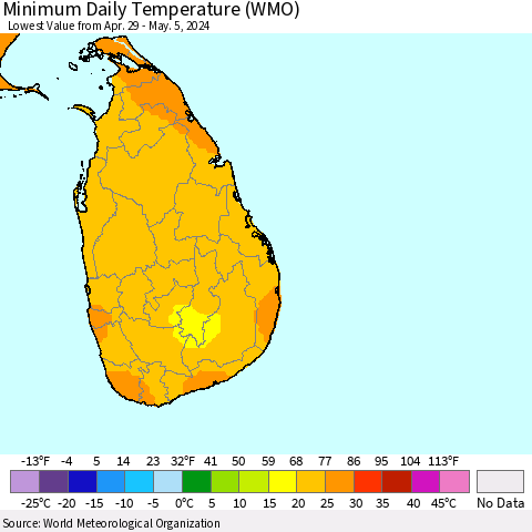 Sri Lanka Minimum Daily Temperature (WMO) Thematic Map For 4/29/2024 - 5/5/2024