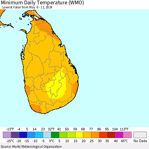 Sri Lanka Minimum Daily Temperature (WMO) Thematic Map For 5/6/2024 - 5/12/2024