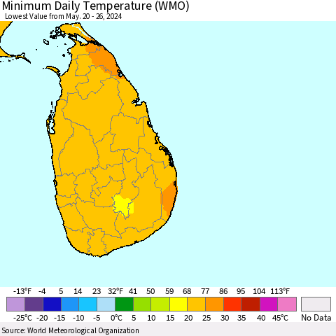 Sri Lanka Minimum Daily Temperature (WMO) Thematic Map For 5/20/2024 - 5/26/2024