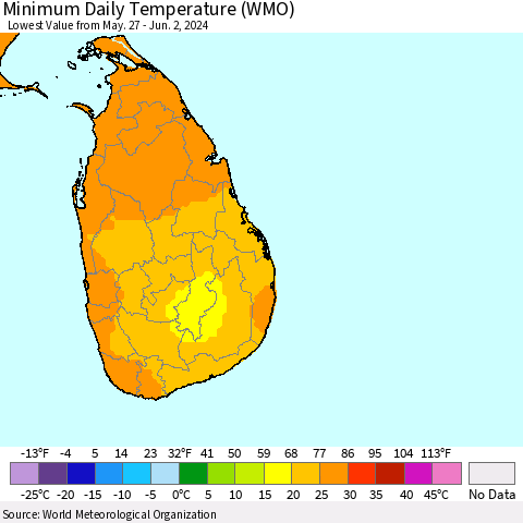 Sri Lanka Minimum Daily Temperature (WMO) Thematic Map For 5/27/2024 - 6/2/2024