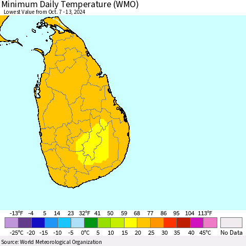 Sri Lanka Minimum Daily Temperature (WMO) Thematic Map For 10/7/2024 - 10/13/2024