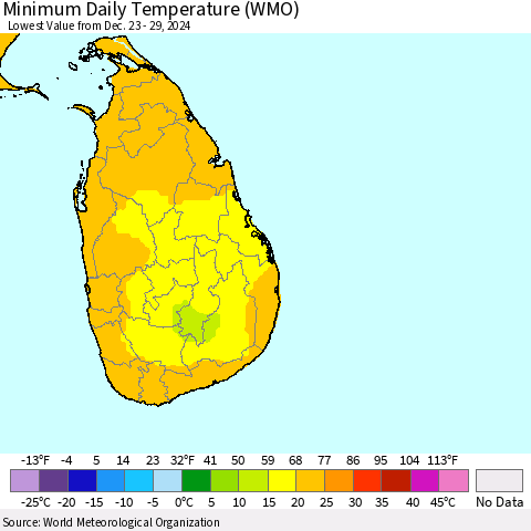 Sri Lanka Minimum Daily Temperature (WMO) Thematic Map For 12/23/2024 - 12/29/2024
