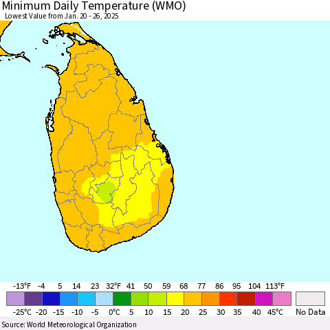 Sri Lanka Minimum Daily Temperature (WMO) Thematic Map For 1/20/2025 - 1/26/2025