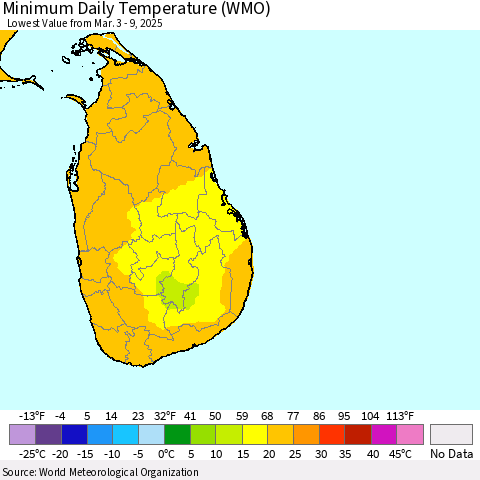 Sri Lanka Minimum Daily Temperature (WMO) Thematic Map For 3/3/2025 - 3/9/2025