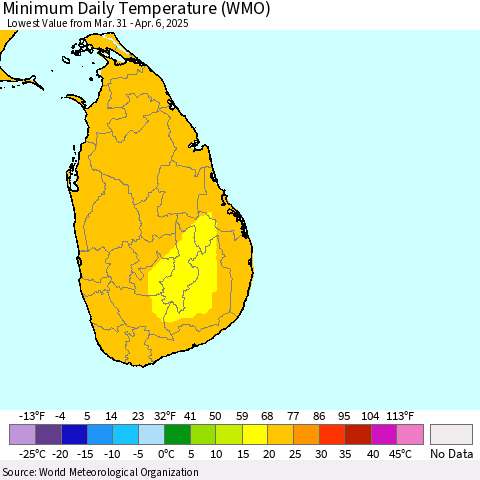 Sri Lanka Minimum Daily Temperature (WMO) Thematic Map For 3/31/2025 - 4/6/2025