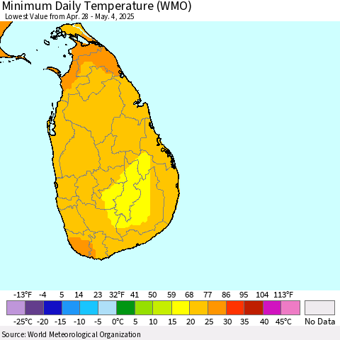 Sri Lanka Minimum Daily Temperature (WMO) Thematic Map For 4/28/2025 - 5/4/2025