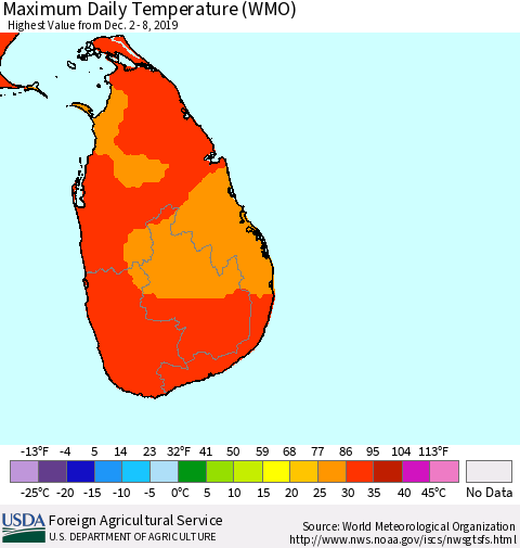 Sri Lanka Maximum Daily Temperature (WMO) Thematic Map For 12/2/2019 - 12/8/2019