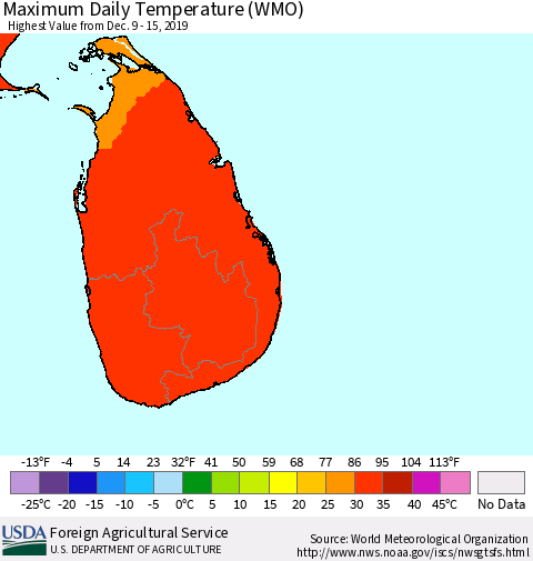 Sri Lanka Extreme Maximum Temperature (WMO) Thematic Map For 12/9/2019 - 12/15/2019