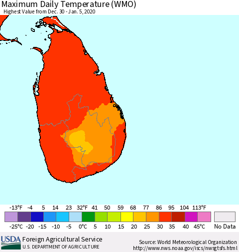 Sri Lanka Maximum Daily Temperature (WMO) Thematic Map For 12/30/2019 - 1/5/2020